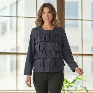 J Crew 100% Silk Taffeta Jacket Tiered Ruffle Navy Blue Regency Old Money - 10